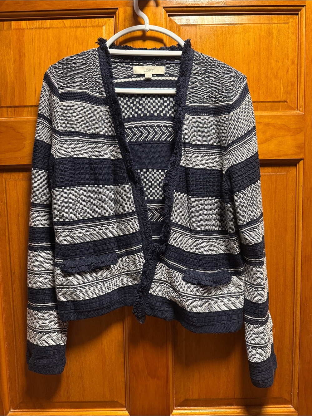LOFT Navy and White Striped Textured Open-Front Cardigan